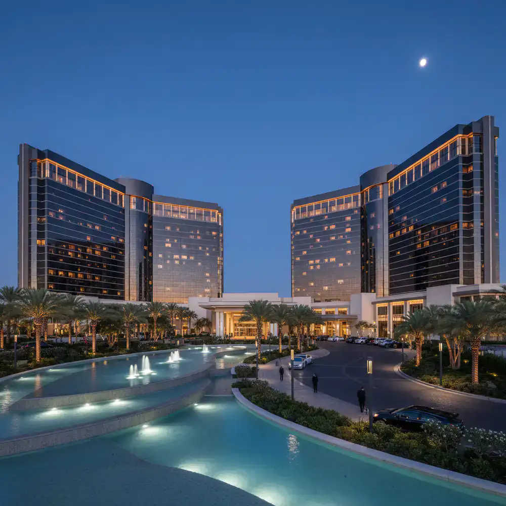 Exterior view of a premium US casino resort at dusk
